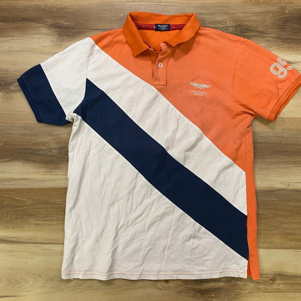 Hackett Aston Martin Racing Polo XL Short Sleeve Cotton Stretch Orange Navy